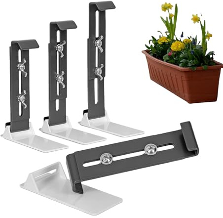 Flower Box Brackets, Adjustable Window Box Brackets, 4 Set Holder Hangable Mount Enhanced Bottom Support for Railing Fences Balcony Outdoor Garden Windowsills Patio