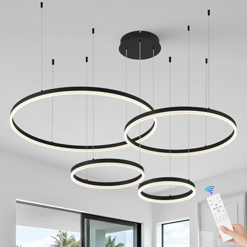 CATINER Moderner 4-Ring LED Hängeleuchte Schwarz Dimmbare Runde Pendelleuchten für Wohnzimmer mit Fernbedienung LED Kronleuchter für Küche hohe Decken Esszimmer Foyer 3000K-6500K