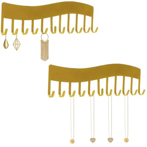 2pcs Gold Wave Jewellery Holder Wall Adhesive Hooks, Modern Necklace Organiser for Jewellery Storage, Space Saving Necklace Display Stand for Necklace Hanging and Jewelry Organising at Home