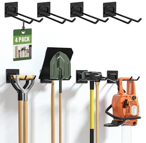 Urban Deco Metal Garden Tool Storage Hooks Heavy Duty, 4 Pack Wall-Mounted Garage Hook Rack for Shed & Workshop, Tool Organiser Holder for Shovel, Rake, Broom, Space Saving