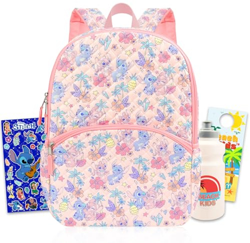 Stitch & Angel Backpack for School Bundle w/ 16 Deluxe Bookbag for Kids | Large Durable Lilo and Stitch School Bag w/ Quilted Fabric Plus Water Bottle, Stickers, More - Stitch School Supplies