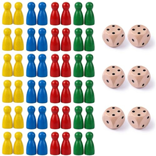 JYXNU Würfel Set, 6 Stück Würfelset und 48 Spielsteine,Würfelspiel Würfel Holz 16mm, Natur Holz Spielwürfel, Spielwürfel Bunt, Würfelset Bunt, Tischspiel, Kartenspiel Partyspiele zubehör