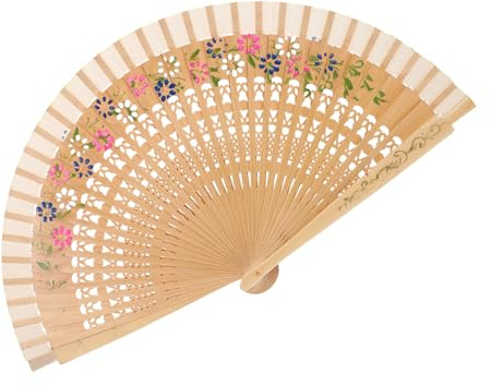 VILLCASE Abanico Español de Madera y Tela Patrón Calado Azul, Ventilador de Mano Compacto para Bodas, Fiestas y Uso Portátil en Eventos Sociales