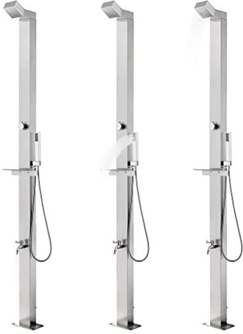 Garden Shower Stainless Steel with Grey WPC Base Plate 225 cm Height, Shower Head Shower Hand Shower Foot Wash Tap for Garden Pool Swimming Pool Whirlpool Above Ground Pool Use