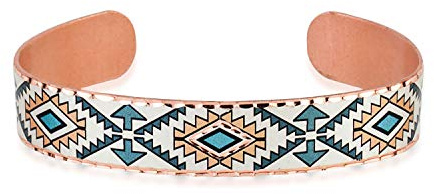 COPPER REFLECTIONS FRONT LINE JEWELRY Bunte Indianer-Armbänder Manschette Unisex mit blaugrünem Hintergrund und geometrischen Motiven. Artisan Handcrafted Native Jewelry (Native Cuff)