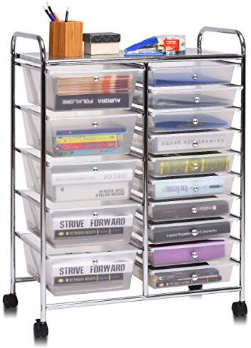 COSTWAY Rollwagen mit 15 stapelbaren Schubladen, Schubladenwagen Rollcontainer mit Metallgestell und Ablagefläche, Badrollwagen Aufbewahrungswagen für Büro, Wohnzimmer, 62,5 x 37 x 87 cm