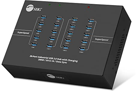 SIIG Hub industrial USB 3.0 de 20 puertos con carga, 200 W, 5 Gbps con 5 V/2.1 A por puerto, expansor multipuerto alimentado para laptop, tabletas, teléfono celular, disco duro externo, teclado y