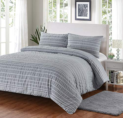 rejuvopedic Grey Double Linear Duvet Quilt Cover Bedding Set With Seersucker Puckered Effect