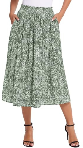 Parabler Midikjol för kvinnor, eleganta blommor, polka, prickig, lång kjol, elastisk midja, sommarkjol, veckad kjol, strandkjol med fickor, Grön, XL
