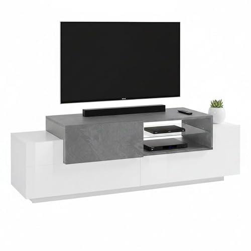 Dmora - Meuble TV Pablo, Buffet bas de salon, Base pour meuble TV, 100% Made in Italy, 160x45h51 cm, Blanc brillant et ardoise