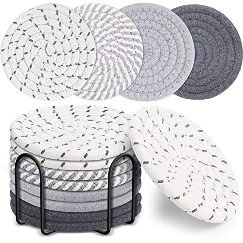 Mckanti 8 Pcs Drink Coasters with Holder, 4 Colors Absorbent Coasters, Minimalist Cotton Woven Coaster Set for Living Room Decor, Tabletop Protection Suitable for Kinds of Cups, 4.3 Inches