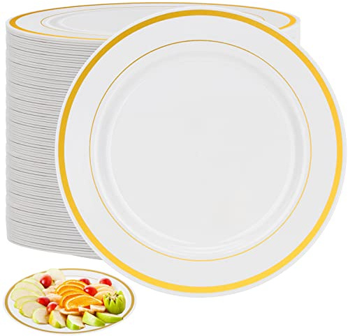 MUKLEI 80-pack 19 cm premium mattallrikar i plast med guldkant, festtallrikar i plast, festtallrikar, festdesserttallrik för fester, bröllop, årsdagar, cateringar och picknick
