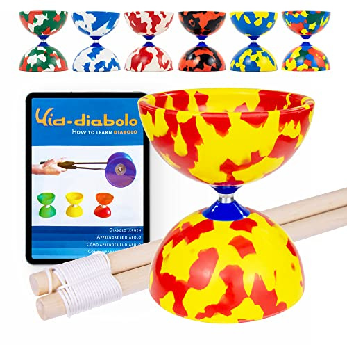 Juggle Dream Jester Diabolo med fasta axlar i trä och videoinlärning online, jongleringsleksak (röd/gul)
