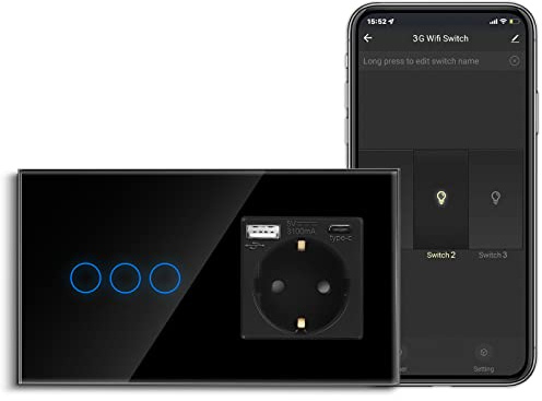 CNBINGO Smart Touch - Interruptor de luz con enchufe Schuko USB, con conector USB y tipo C (máx. 3,1 A), interruptor de luz WiFi para Alexa, Google Assistant, enchufe de pared empotrado, color negro