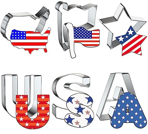 Hying 6PCS Patriotic Cookie Cutter Set for Baking, Metal Stainless Steel Cutters for Memorial Day, USA Map Flag Biscuit Cutter for 4th of July Party Supplies