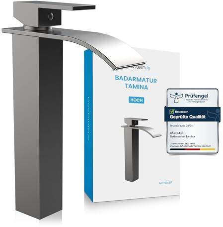 Bächlein Badarmatur Tamina hoch – Wasserhahn Bad, Wasserfall, Anthrazit | Hohe Waschtischarmatur für Aufsatzwaschbecken, Einhebelmischer mit langlebiger Keramikkartusche und Montage-Set
