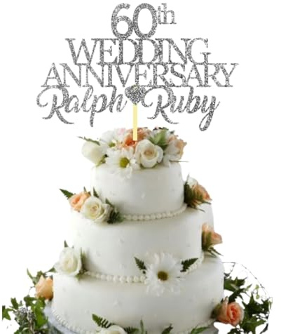 60th Diamond Custom Wedding Anniversary with Both Names. Any years any Names Personalised Cake Topper Glitter Card (GLITTER SILVER)
