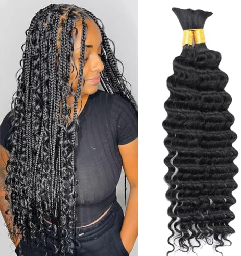 Jreitsere 100% Humain Cheveux en Vrac Hair Extensions Brésiliens Vierge Naturelle Human Hair Deep Wave Bulk Human Hair For Braiding 100 gram Noir Naturel 22 Pouces