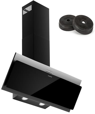 Klarstein Alessia Campana Extractora 90 cm - Angular, 404 m³/h, A+++, LED, 3 Velocidades & Turbo, Filtro Carbón, Acero Inoxidable & Cristal, Decorativa, Recirculación o Extracción