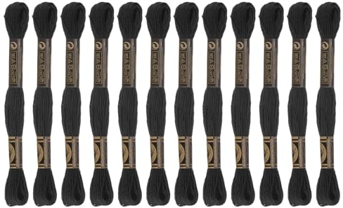 sourcing map 12 Stränge Stickgarn à 8m Lang Baumwolle Thread für Stickprojekte Armbänder Basteln Embroidery Kreuzstich Häkeln (Schwarz)