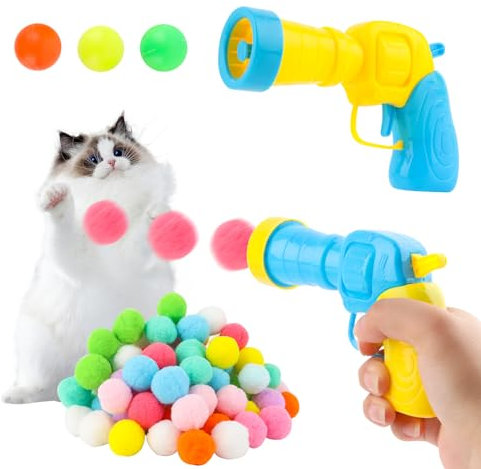 MXTIMWAN Katzenspielzeug Katzen Pompom Ball, 103 Stück Interaktives Katzenspielzeug Bälle mit KatzenspielzeugWerfer, Katzenfilzbälle Spielzeug für Indoor Haustier Katzen Hunde
