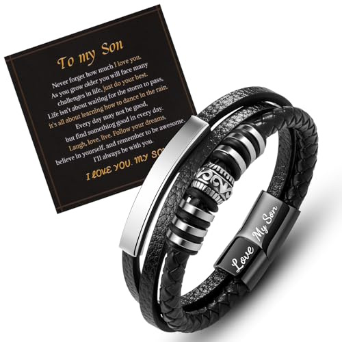 LAXPICOL Läderarmband för män, present till son/barnbarn/man, läderarmband med magnetiskt spänne i rostfritt stål, flätat läderarmband, födelsedagspresent för män, 8.2 inches