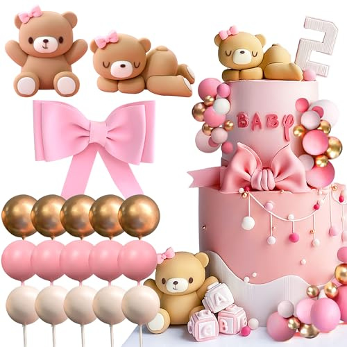 JeVenis Luxus Teddybär Geburtstagstorte Dekoration - Teddybär Baby Dusche Dekoration - Baby Girl Kuchen Dekoration