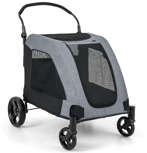 GYMAX Hundebuggy klappbar, Hundewagen auf Rädern 67 x 98 x 121 cm, Haustierwagen mit, Netzfenster & verstellbaren Griff, Haustiere Buggy bis 60kg belastbar, für mittelgroße & große Hunde