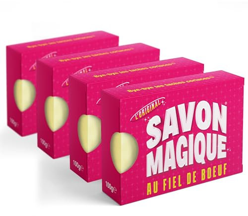 SAVON MAGIQUE au Fiel de Boeuf - Le Détachant Textile Surpuissant Naturel - Le Vrai, l'Original ! - Pack de 4 x 100 g. Bye-bye les taches coriaces !