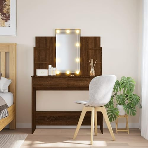 Homgoday Toeletta con Luci LED Rovere Marrone 96x40x142 cm, Toeletta Trucco, Tavolo da Trucco, Sgabello Toeletta Trucco, Mobile Trucco, Toilette Trucco Luci,Mobili Interni/Esterni