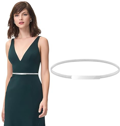 VONMELLI Schmaler Metall Taillengürtel für Kleid Damen Elastischer Dünner Kettengürtel für Damen Silber S