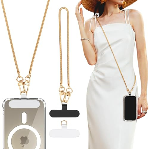 TiMOVO Phone Crossbody Strap, Universal Phone Lanyard with 1× Metal Phone Strap, 1× Wrist Strap, 2× Pads, Crossbody Phone Lanyards, Phone Chain Compatible with Most Smartphones, Gold