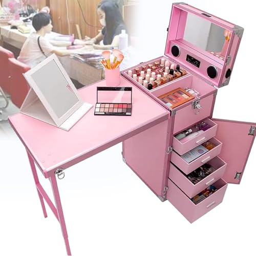 DPLWJPP Mesa Manicura con Ruedas Portátil Escritorio Uñas Viaje Plegable,Estuche Tren Maquillaje con Cerradura,para Salón Maquillaje Organizador Almacenamiento Carro Cosmético Viaje,Pink