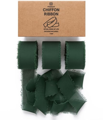 Vitalizart Schleifenband Dunkelgrün 2,5 cm x 19,2 m für Dekoration | Grün Geschenkband Chiffonband Stoff 6,4 m x 3 Rollen für Hochzeitseinladung, Brautstrauß, Geschenkverpackung