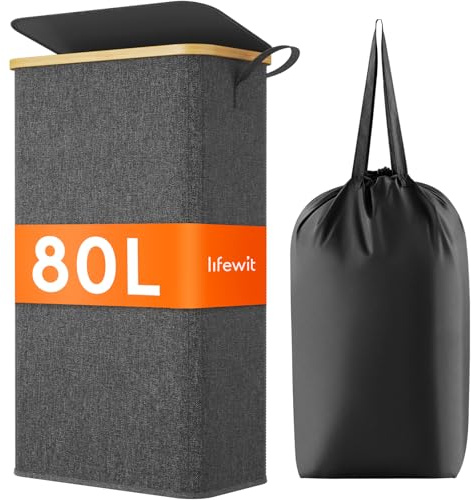 Lifewit Tvättkorg med Lock, Smal Tvättkorg, Laundry Basket med Bambu Ram och Avtagbar Påse och Handtag, För Sovrum, Badrum, Tvättstuga, 75L, Mörkgrå