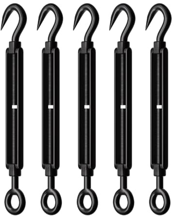 RiaYer 5 Pack Black Stainless Steel M8 Hook and Eye Turnbuckle, Heavy Duty Wire Rope Tensioner, Adjustable Hardware Kit for DIY String Light and Picture Hanging, Shade Sail, Cable Tightening