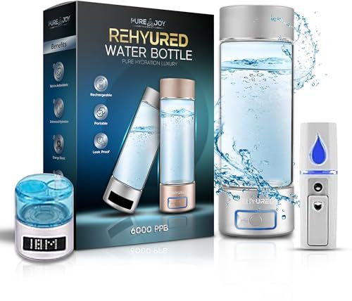 REHYURED Hydrogen Water Bottle Generator - Hydrogen Water Bottle with Up to 6000ppb, 400ml Glass, Lightweight and Portable Design, Rechargeable USB/Battery/Electric Power, Gold/Silver (Silver)