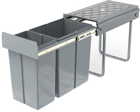 FIVMEN Pattumiera da incasso da cucina, 2 scomparti, estraibile, per la spazzatura, da cucina, con guide telescopiche, sistema di raccolta dei rifiuti, grigio, 1 x 20 l + 1 x 10 l
