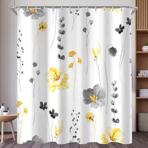 Lerores Duschvorhang 180x200 cm Gelb & Grau Blume,Beschwerter Saum Antischimmel,Wasserabweisend, Waschbar Polyester Badevorhänge mit 12 Ösen und Duschvorhangringe für Badezimmer,Badewanne