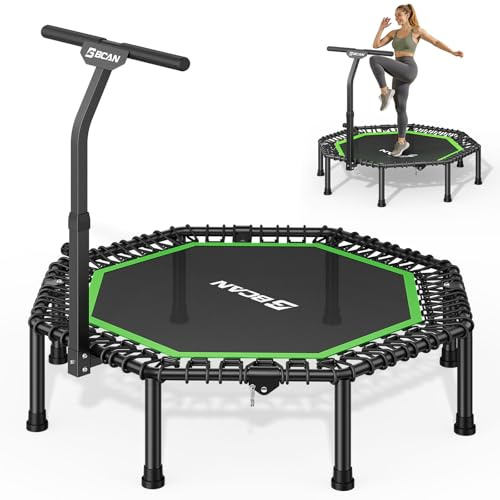 BCAN Trampolino da interno, Ø 130 cm, trampolino fitness silenzioso per adulti con manubrio, mini trampolino preassemblato, capacità di carico 204 kg - Verde