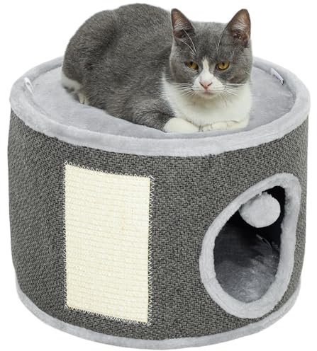 PawHut Kratztonne, 30 cm Hoch Katzentonne mit Höhle, Kratzbaum, Katzenturm aus Sisal, für Katze bis 5 kg, Cremeweiß