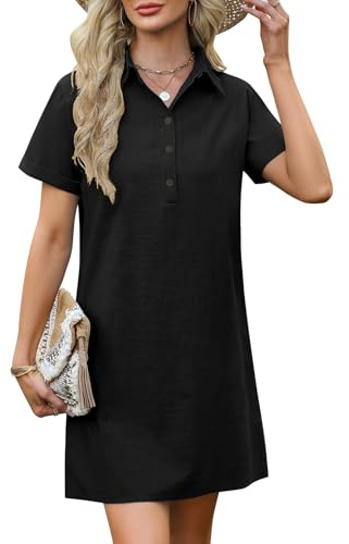 PASUDA Robe Femme Été Courte Chic et Élégant en Coton avec Poches de Plage Décontractée, Col Revers, Chemise Manches Courtes Ample Cintrée Léger