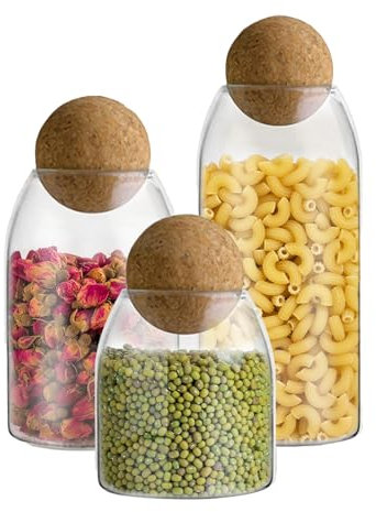 Eidoct Storage Glass Jar with Ball Cork Lid, 3Pcs Glass Canisters with Cork Ball, Food-Safe Clear Glass Containers with Lids for Food, Coffee, Sugar, Spice, Tea,DIY- For Home, Kitchen & Bathroom