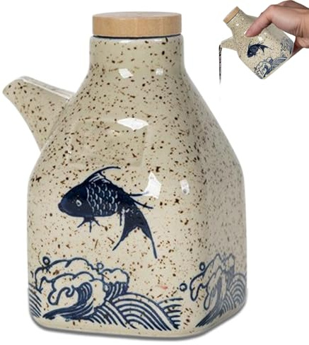 Sojasauceflasche, 5x3 Keramikölspender mit Holzflächenfischmuster japanischer Sojasauce -Spender Flüssigkeitsbehälter für Ponzu Essig Shoyu Sojasauce