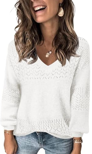 Fisoew Jersey de punto con cuello en V para mujer, manga larga, suéter acanalado, suéter ligero de ganchillo, suéter informal, Blanco, XL