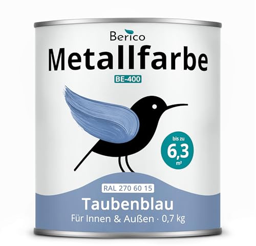 Berico Metallfarbe - Taubenblau - 0,7 Kg - 4in1 Premium Metallschutzlack - Direkt auf Rost - Für Stahl, Zink, Aluminium, Kupfer und Eisen - Hellblau/Blau