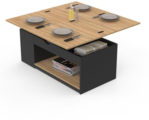 IDMarket - Rechteckiger, aufklappbarer Couchtisch, umwandelbar in einen Esstisch ELEA schwarzes Holz und Buchenholzoptik