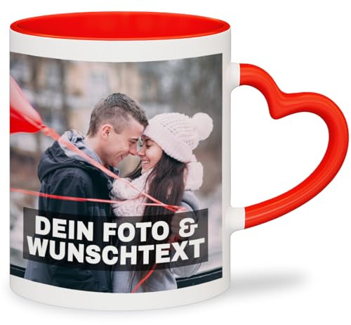 Tasse mit Herz personalisiert – Becher individuell mit Foto, Text oder Logo, Herzhenkel | Kaffeetasse & Teetasse | Geschenkidee für Partner, Liebe, Valentinstag, Weihnachten & Muttertag | Rot