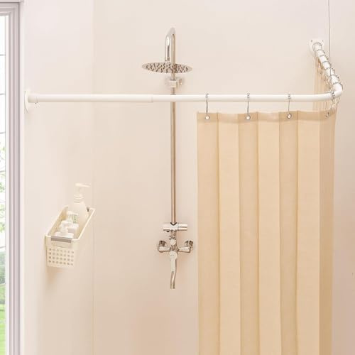 Duschvorhangstange L Form, Verstellbare Duschstange Ecke, Duschvorhang Halterung mit 12 ringen & Deckenstütze für Badewanne/Badezimmer, Bohr-Montage Erforderlich (Weiß, 100-175cm x 140-214cm)