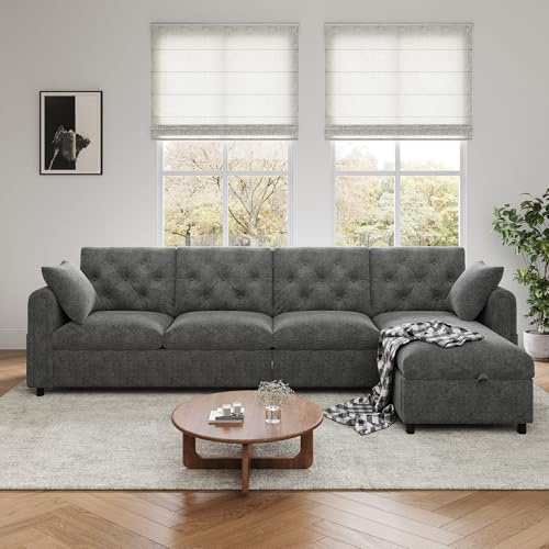 A ALFRESCOOL Sofa L Form mit Schlaffunktion, Ecksofa, Schlafsofa mit Stauraum, Samt, im Eckbereich Links & Rechts Verstellbar, mit Seitentaschen, Rückenlehne Knopfheftung, 281×71×86cm (Grau)